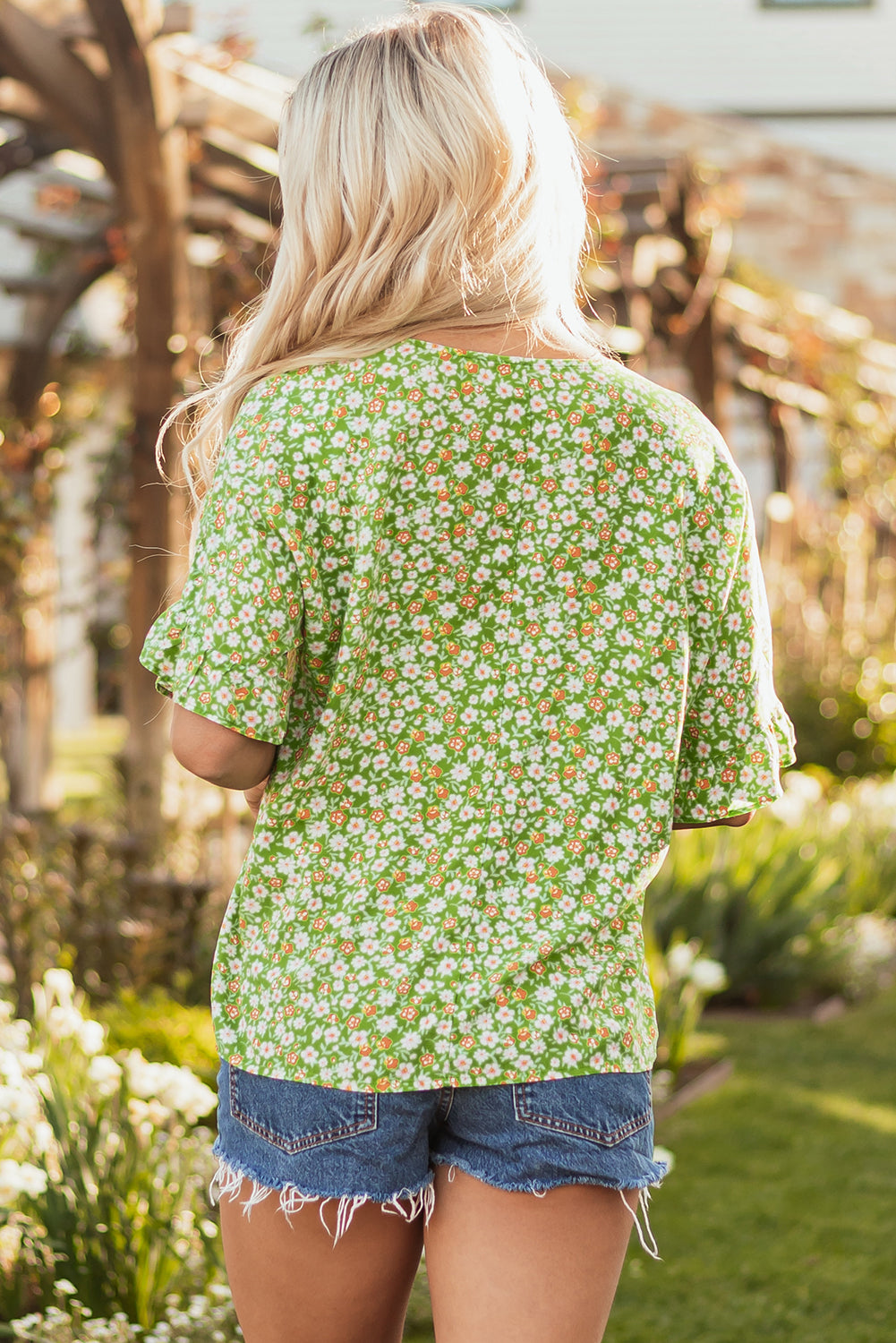 Green Floral Print Ruffled Sleeve V Neck Blouse