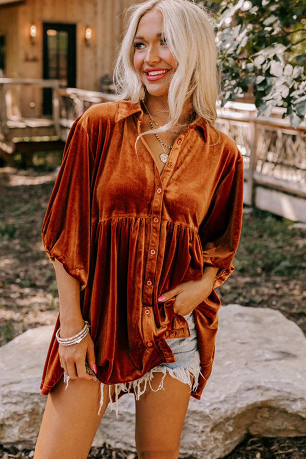 Khaki Velvet Tunic Babydoll Blouse