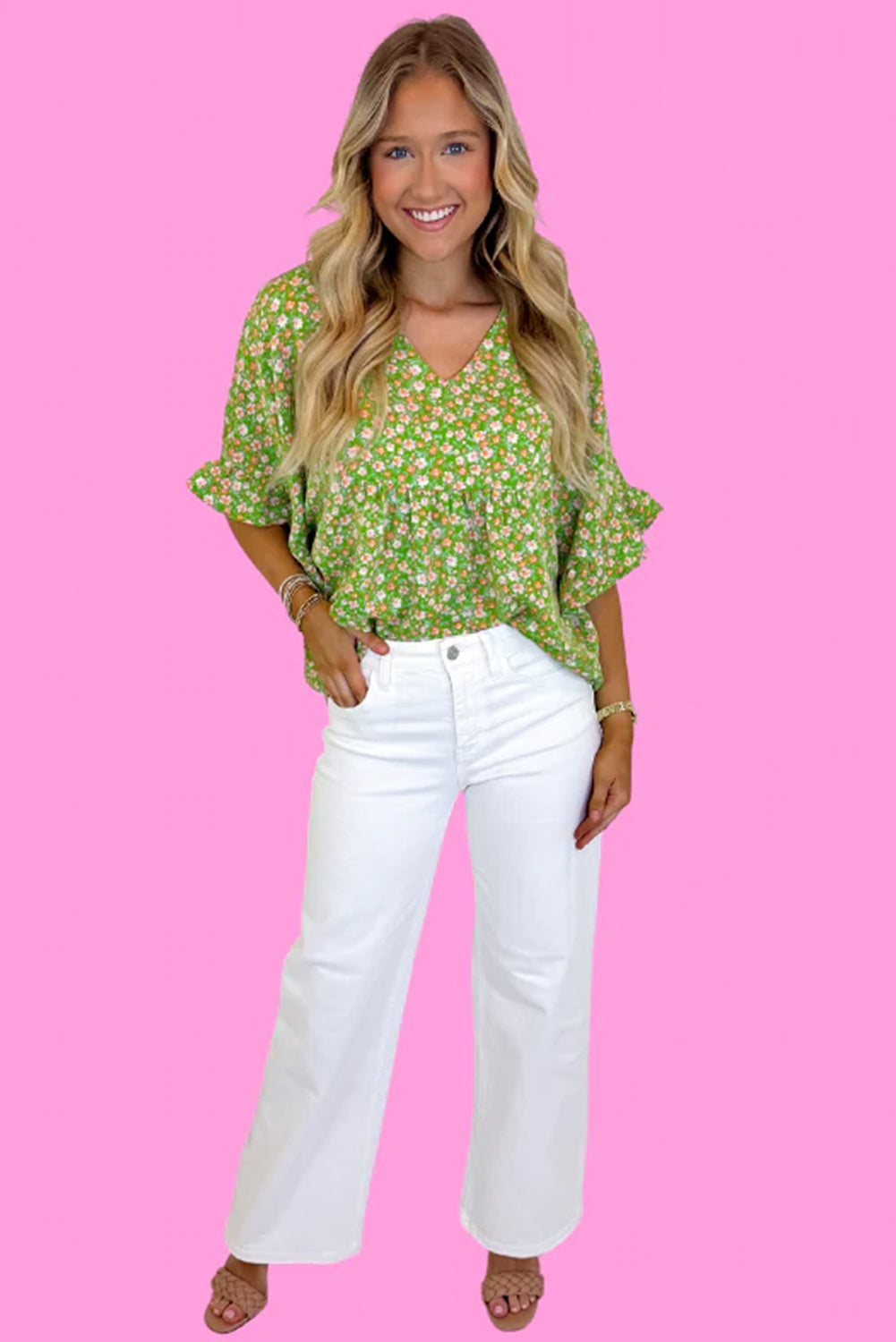 Green Floral Print Ruffled Sleeve V Neck Blouse