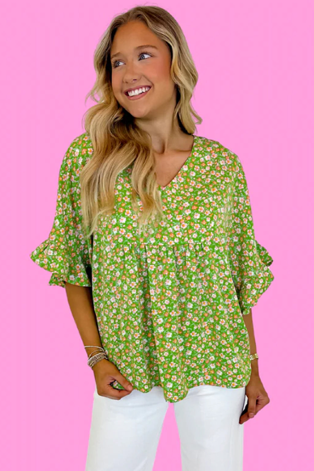 Green Floral Print Ruffled Sleeve V Neck Blouse