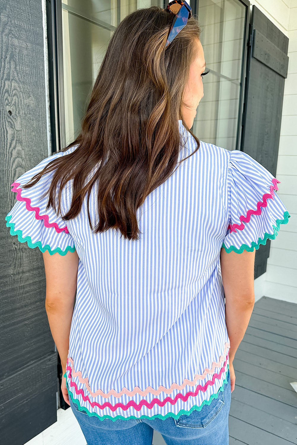 Pink Striped Ricrac Trim Ruffled Sleeve Blouse