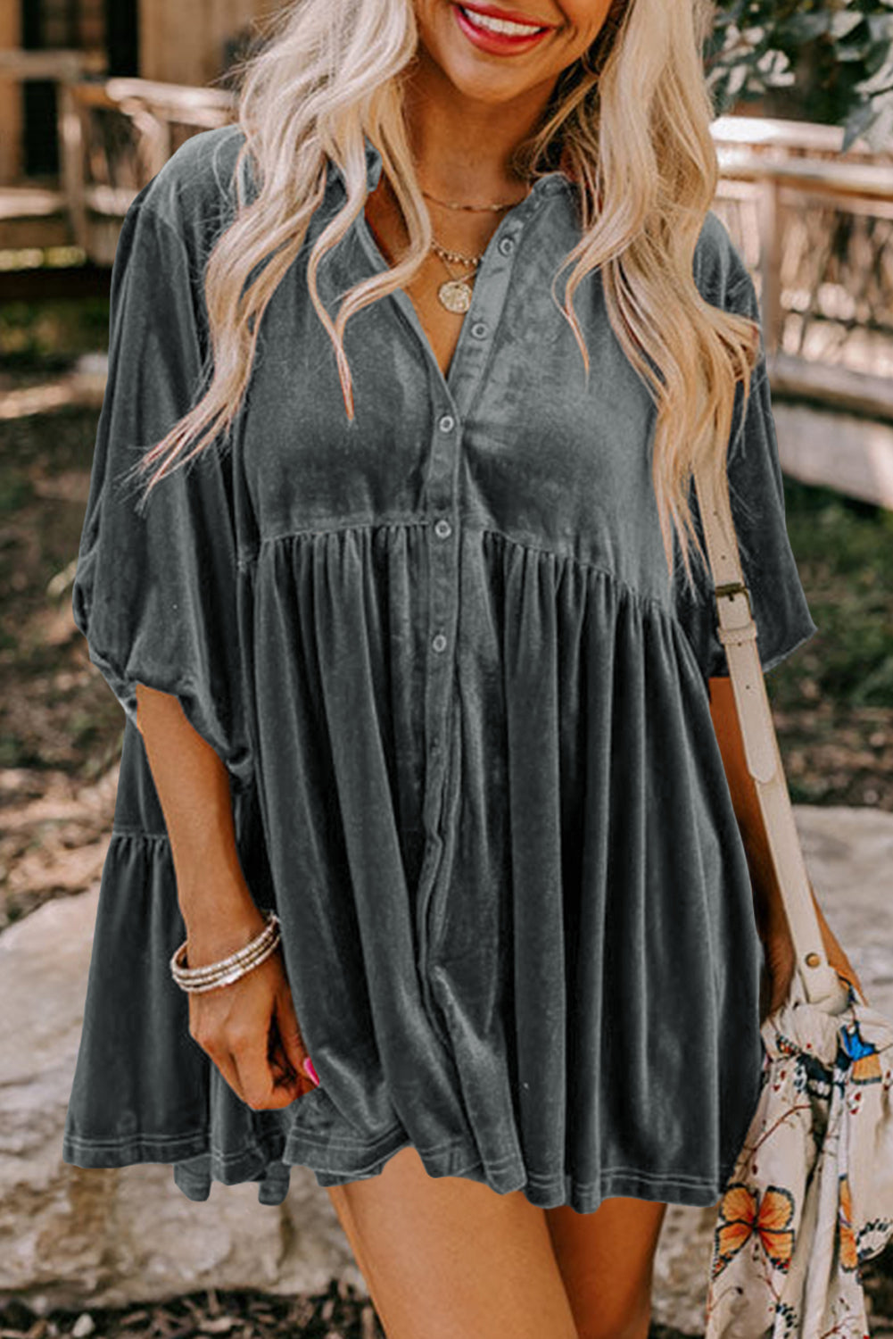Khaki Velvet Tunic Babydoll Blouse