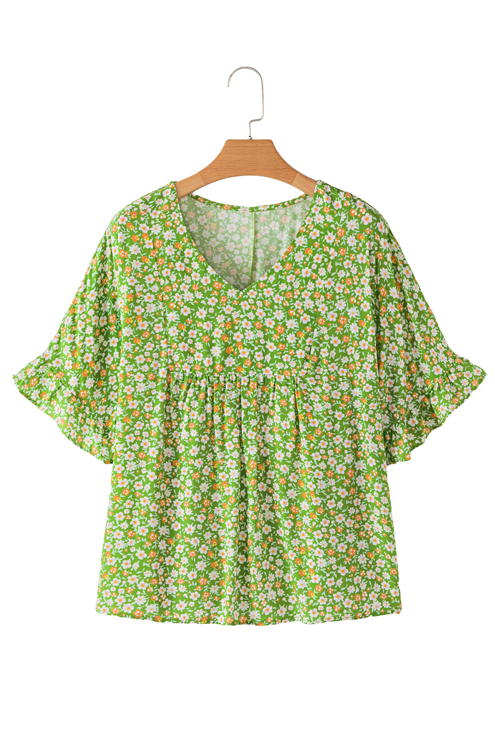 Green Floral Print Ruffled Sleeve V Neck Blouse