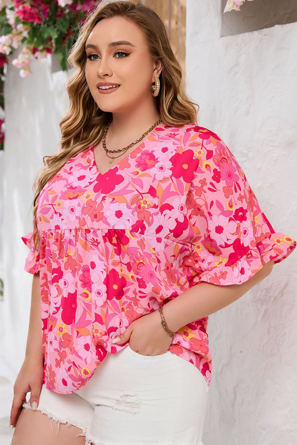 Rose Floral Ruffled Half Sleeve Curvy Size Babydoll Blouse