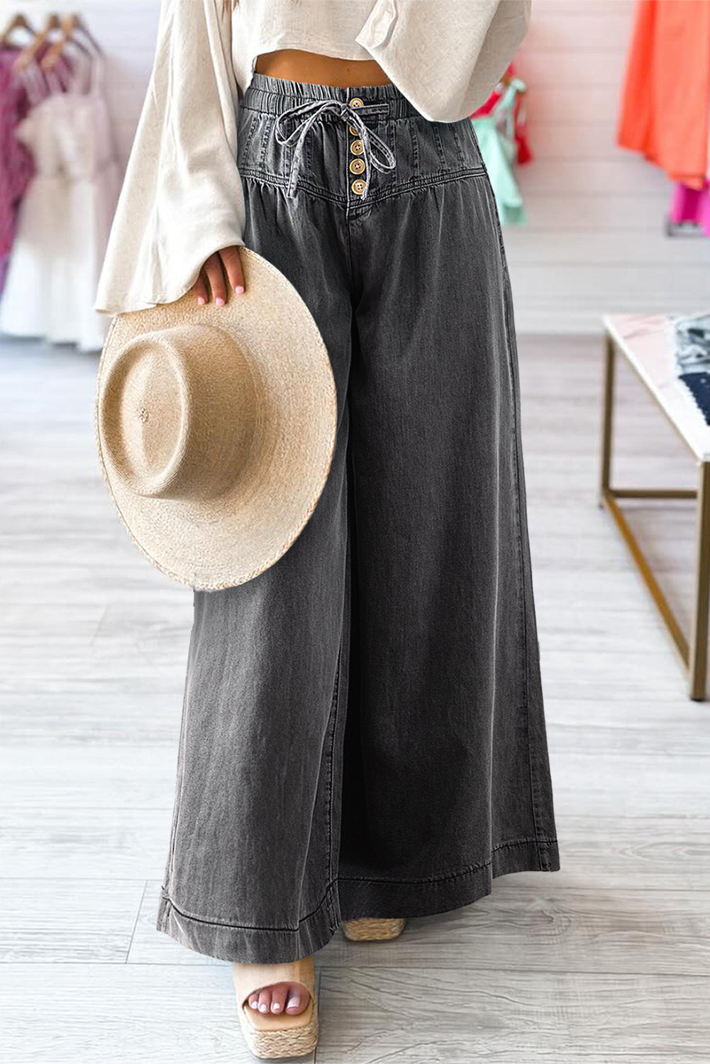 Carbon Grey Washed Wide Leg Jeans