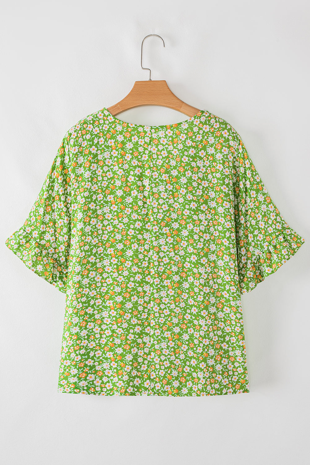 Green Floral Print Ruffled Sleeve V Neck Blouse