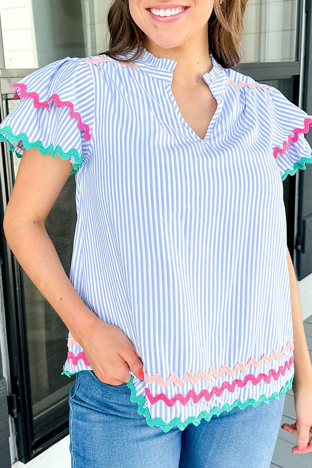 Pink Striped Ricrac Trim Ruffled Sleeve Blouse