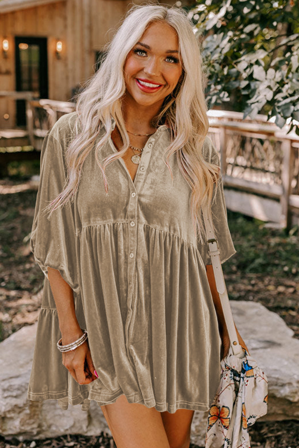 Khaki Velvet Tunic Babydoll Blouse