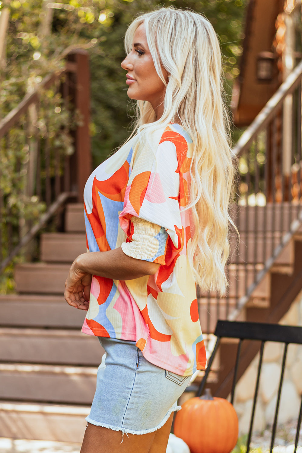 Yellow Ribbed Floral Shirred 3/4 Sleeve Blouse
