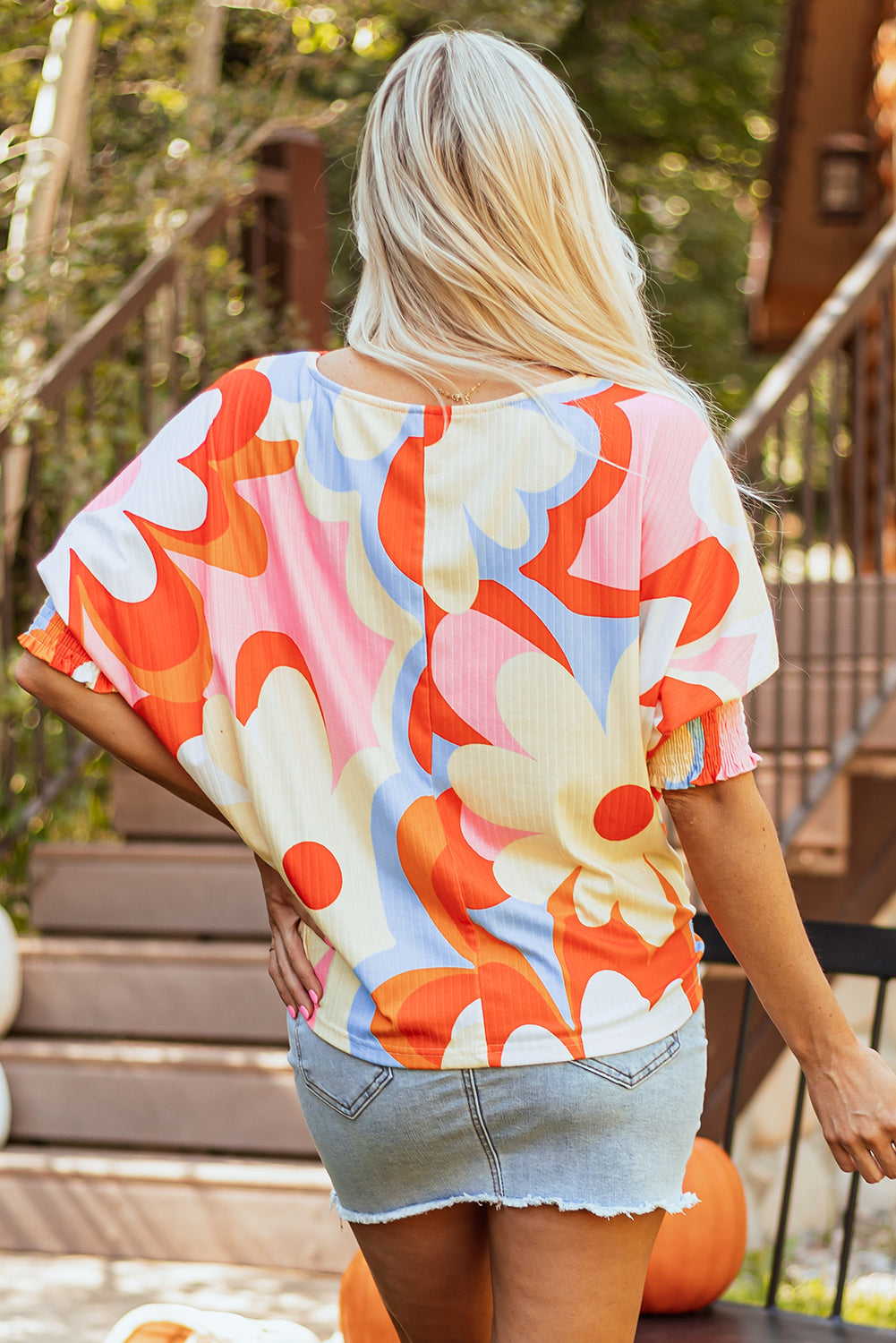 Yellow Ribbed Floral Shirred 3/4 Sleeve Blouse