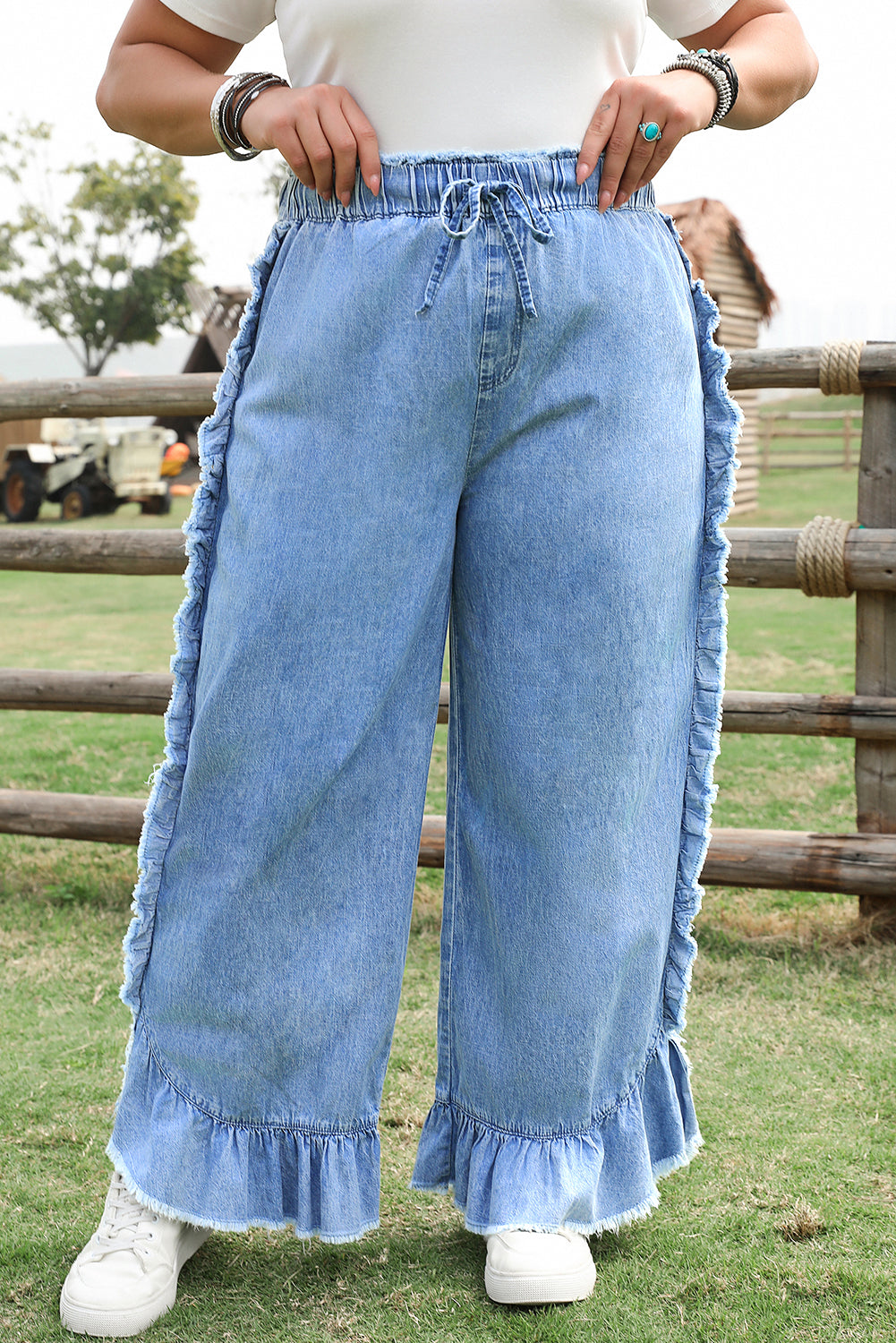Curvy Size Lace up Waist Ruffled Trim Ankle Length Jeans