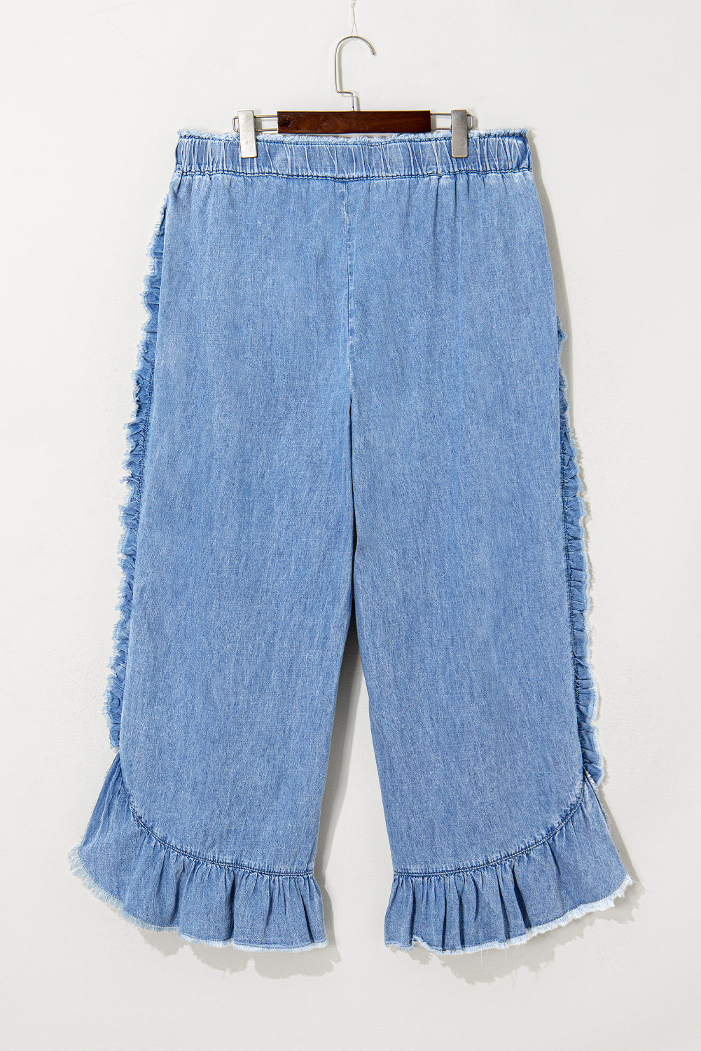Curvy Size Lace up Waist Ruffled Trim Ankle Length Jeans