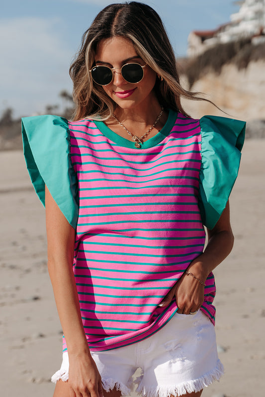 Pink Turqouise Striped Ruffled Sleeve Blouse