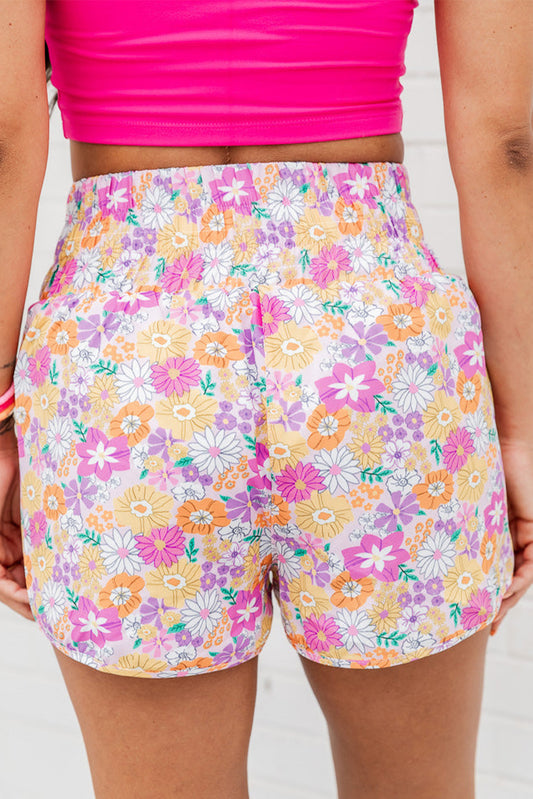 Boho Floral Shirred High Waist Casual Shorts