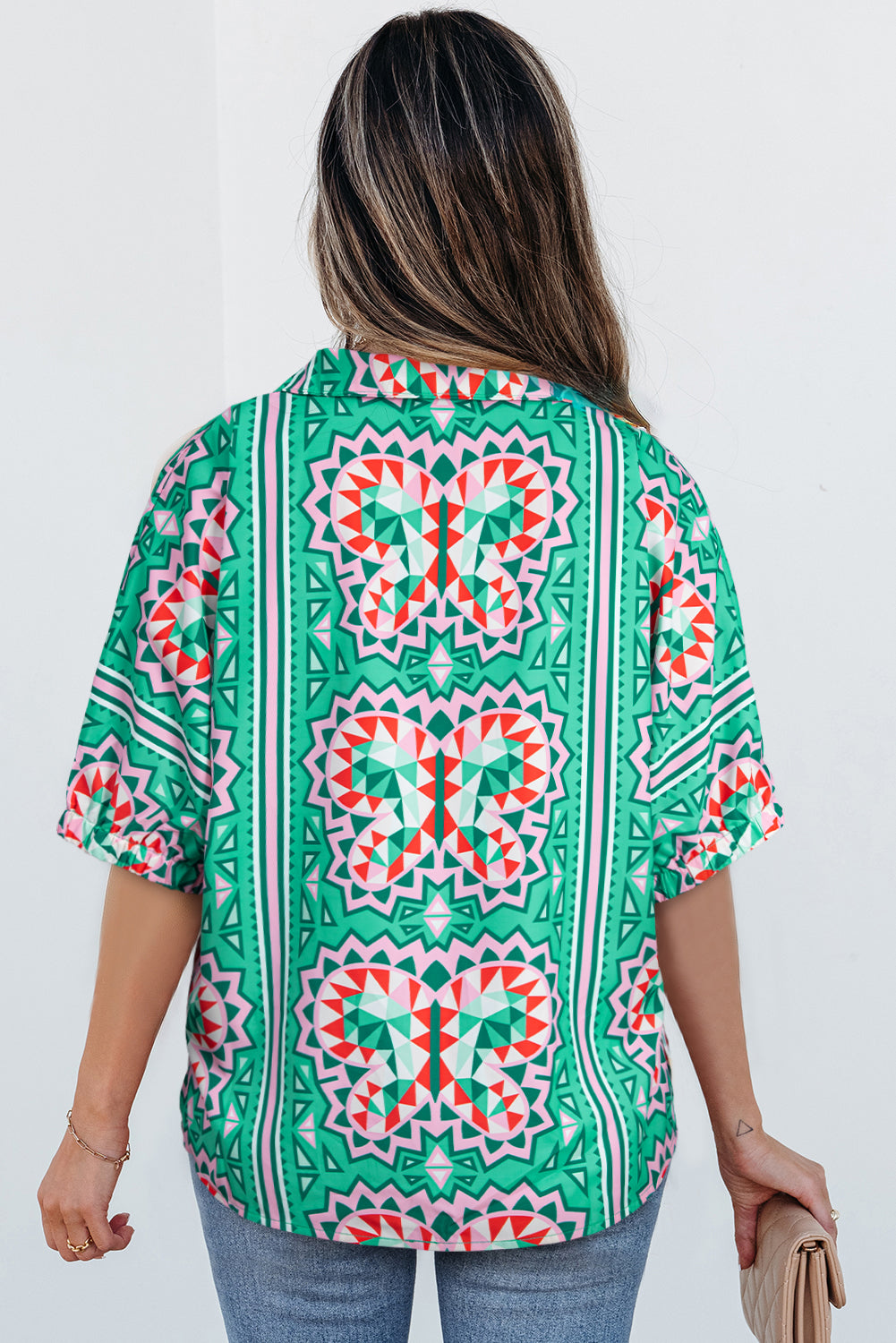 Sea Green Boho Striped Collared V Neck Blouse