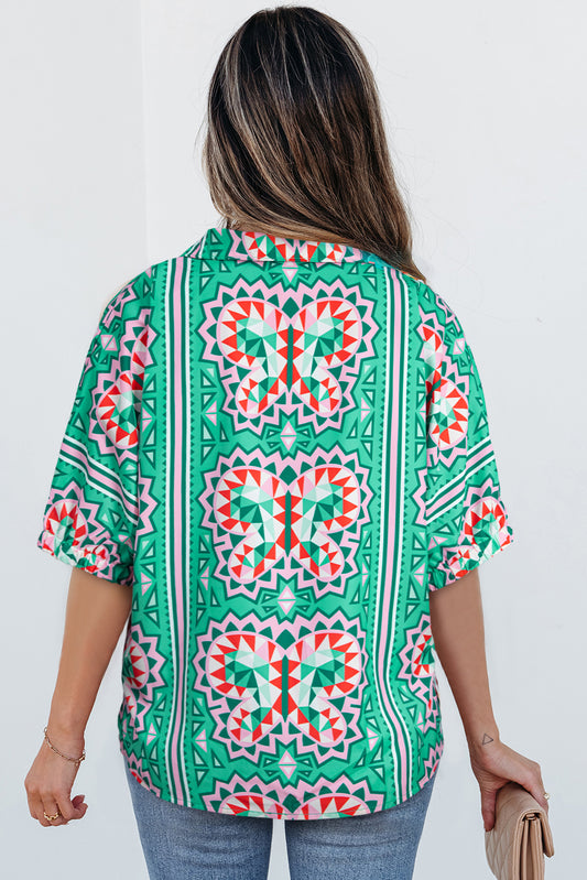 Sea Green Boho Striped Collared V Neck Blouse