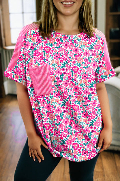 Pink Curvy Size Floral Print Corded Patchwork Loose Top