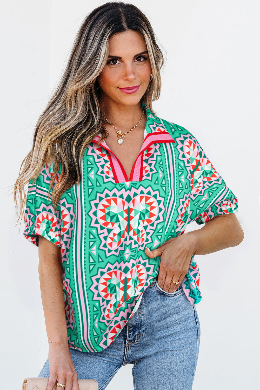 Sea Green Boho Striped Collared V Neck Blouse