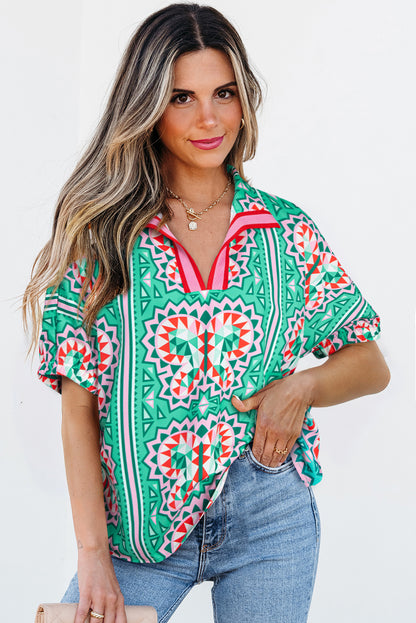 Sea Green Boho Striped Collared V Neck Blouse