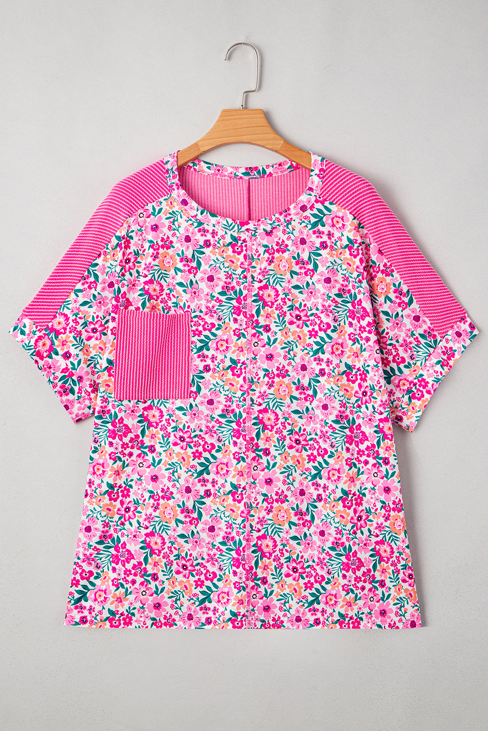 Pink Curvy Size Floral Print Corded Patchwork Loose Top
