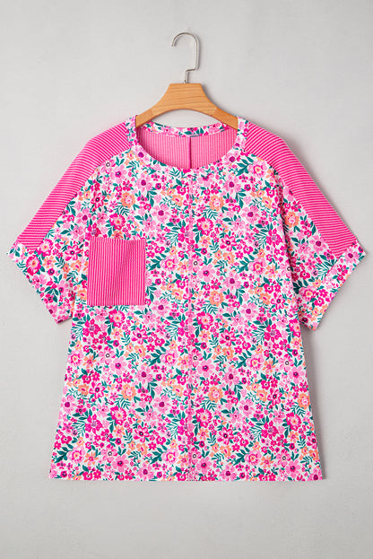 Pink Curvy Size Floral Print Corded Patchwork Loose Top