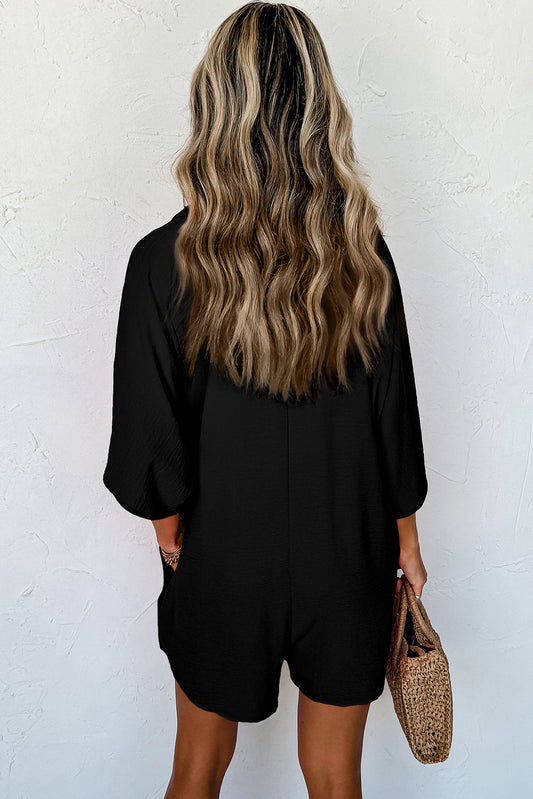 Black Half Button Collared Lazy Romper