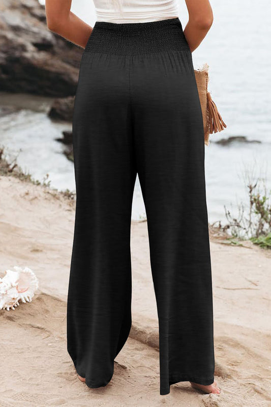Black Shirred High Waist Curvy Size Wide Leg Pants
