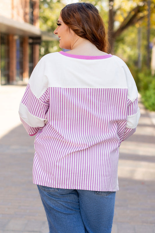 Pink Striped Patchwork Bracelet Sleeve Curvy Size Top