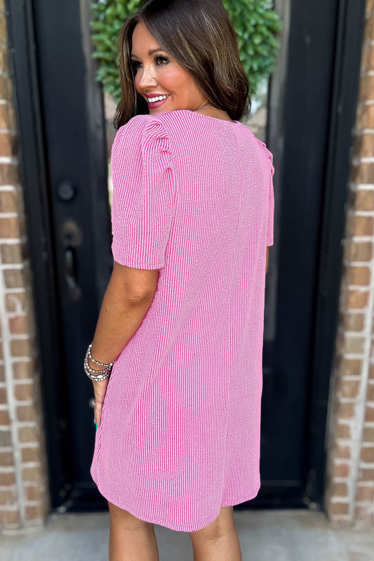 Bright Pink Crew Neck Puff Sleeve Mini Dress
