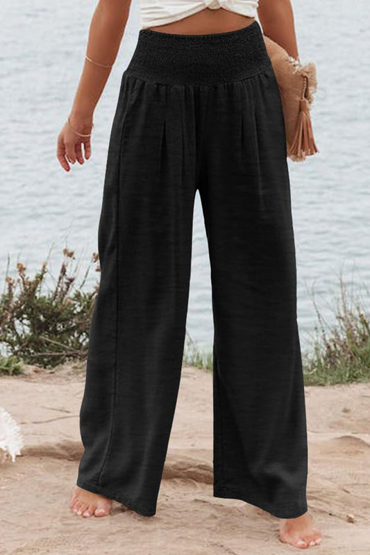 Black Shirred High Waist Curvy Size Wide Leg Pants