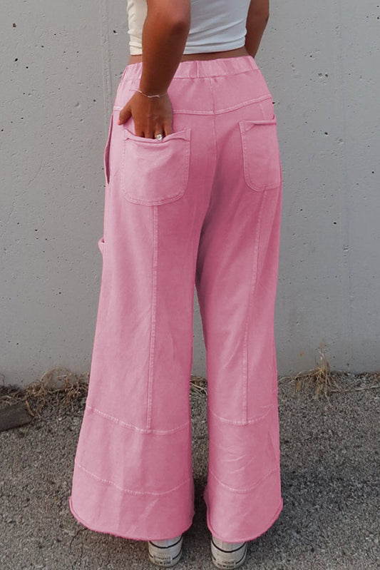Bonbon Washed Drawstring High Waist Wide Leg Cargo Pants