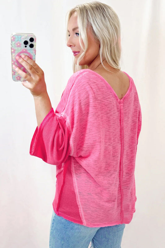 Sachet Pink  Patchwork 3/4 Sleeve Loose Blouse