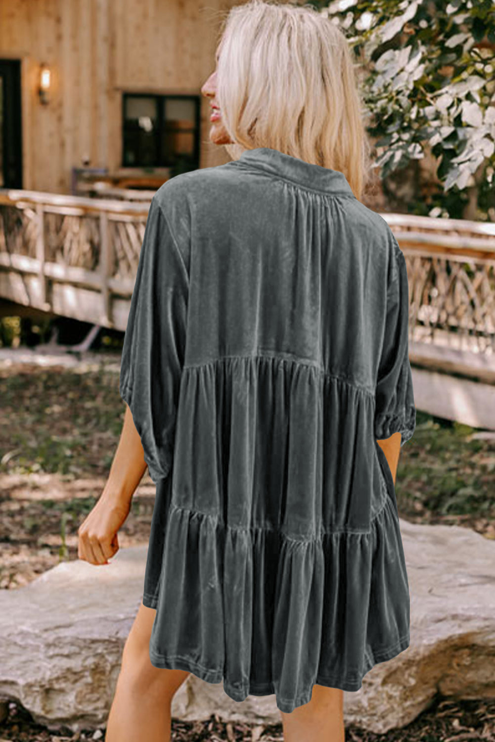 Khaki Velvet Tunic Babydoll Blouse
