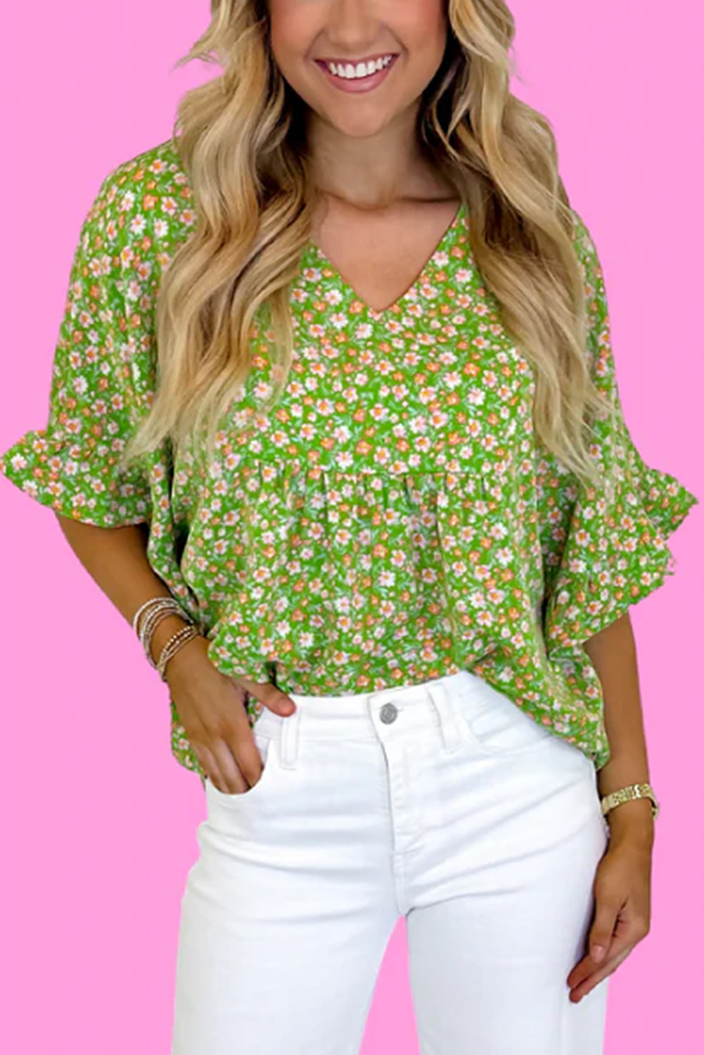 Green Floral Print Ruffled Sleeve V Neck Blouse