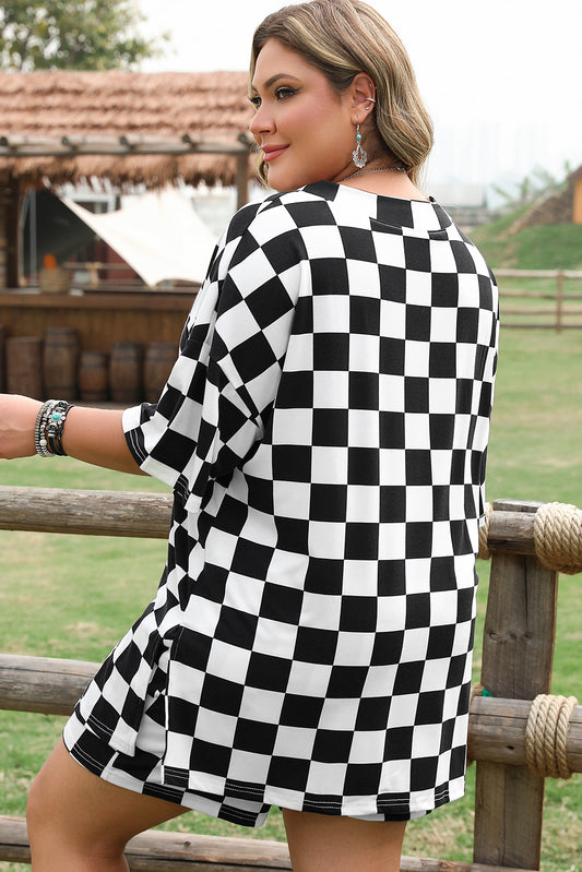 Black Checkered Pattern Tee and Shorts Curvy Size Two Piece Set