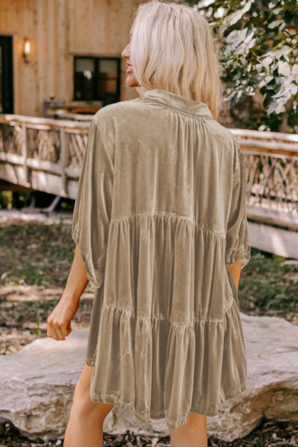 Khaki Velvet Tunic Babydoll Blouse