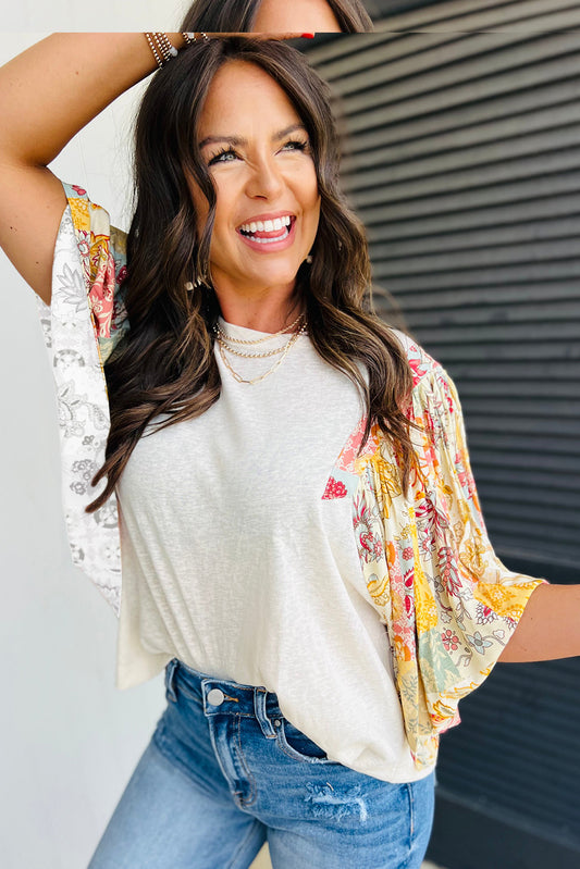 Beige Floral Half Batwing Sleeve Blouse