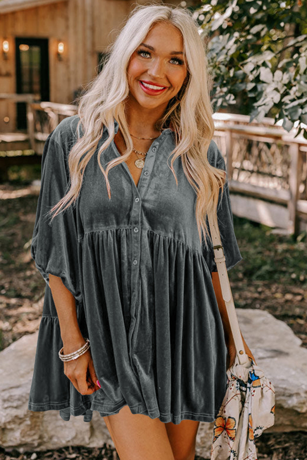 Khaki Velvet Tunic Babydoll Blouse
