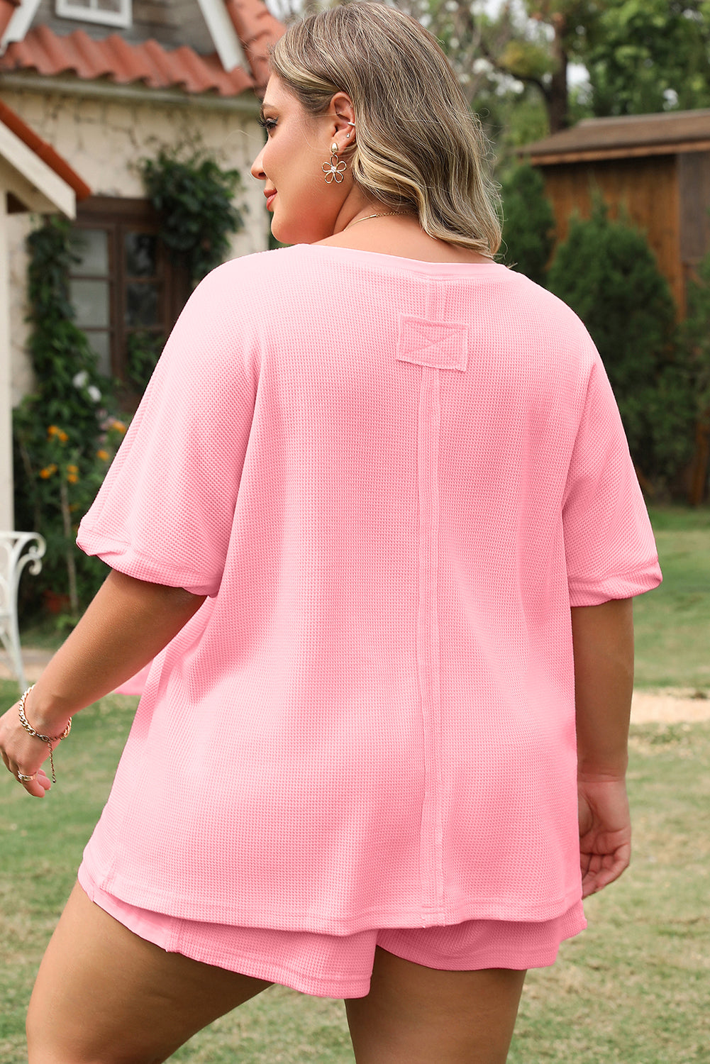Pink Curvy Size Ribbed Exposed Seam Tee and Shorts Set