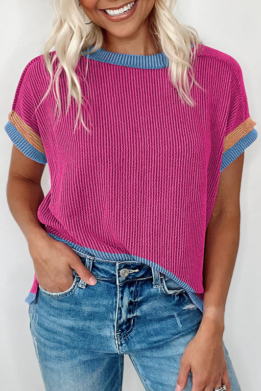 Bright Pink Textured Contrast Trim Round Neck Blouse