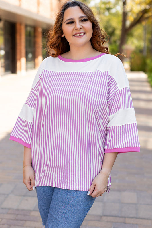 Pink Striped Patchwork Bracelet Sleeve Curvy Size Top