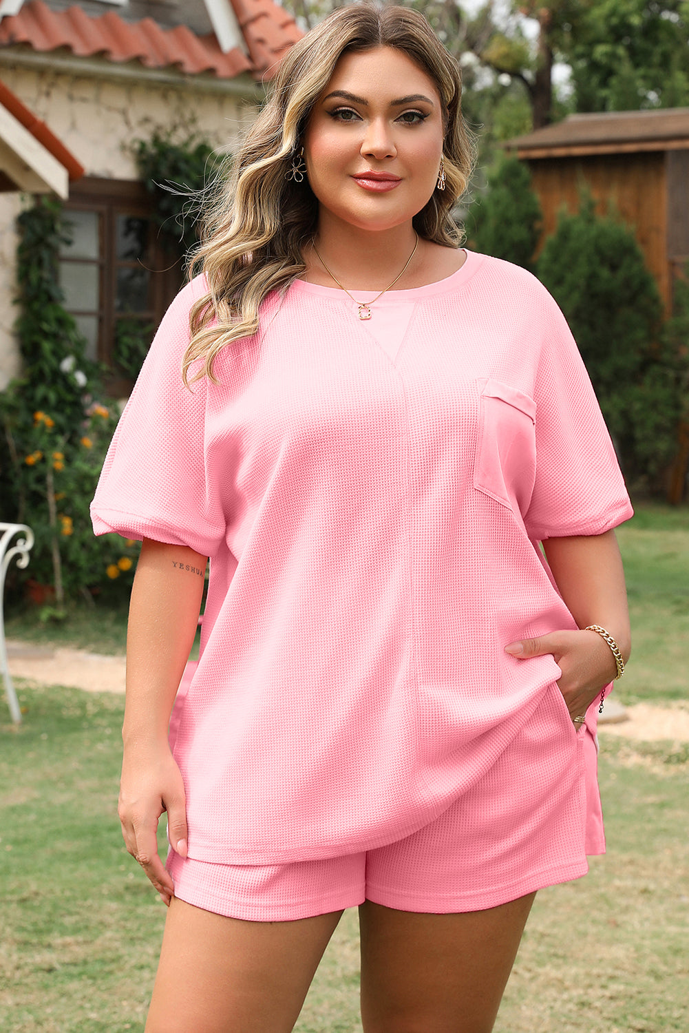 Pink Curvy Size Ribbed Exposed Seam Tee and Shorts Set