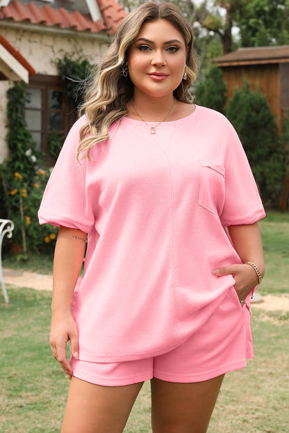 Pink Curvy Size Ribbed Exposed Seam Tee and Shorts Set
