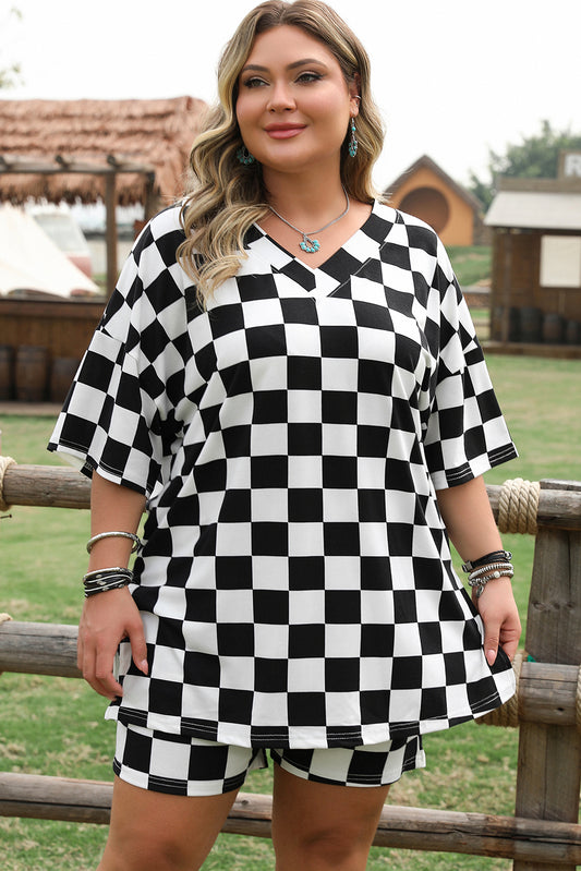 Black Checkered Pattern Tee and Shorts Curvy Size Two Piece Set