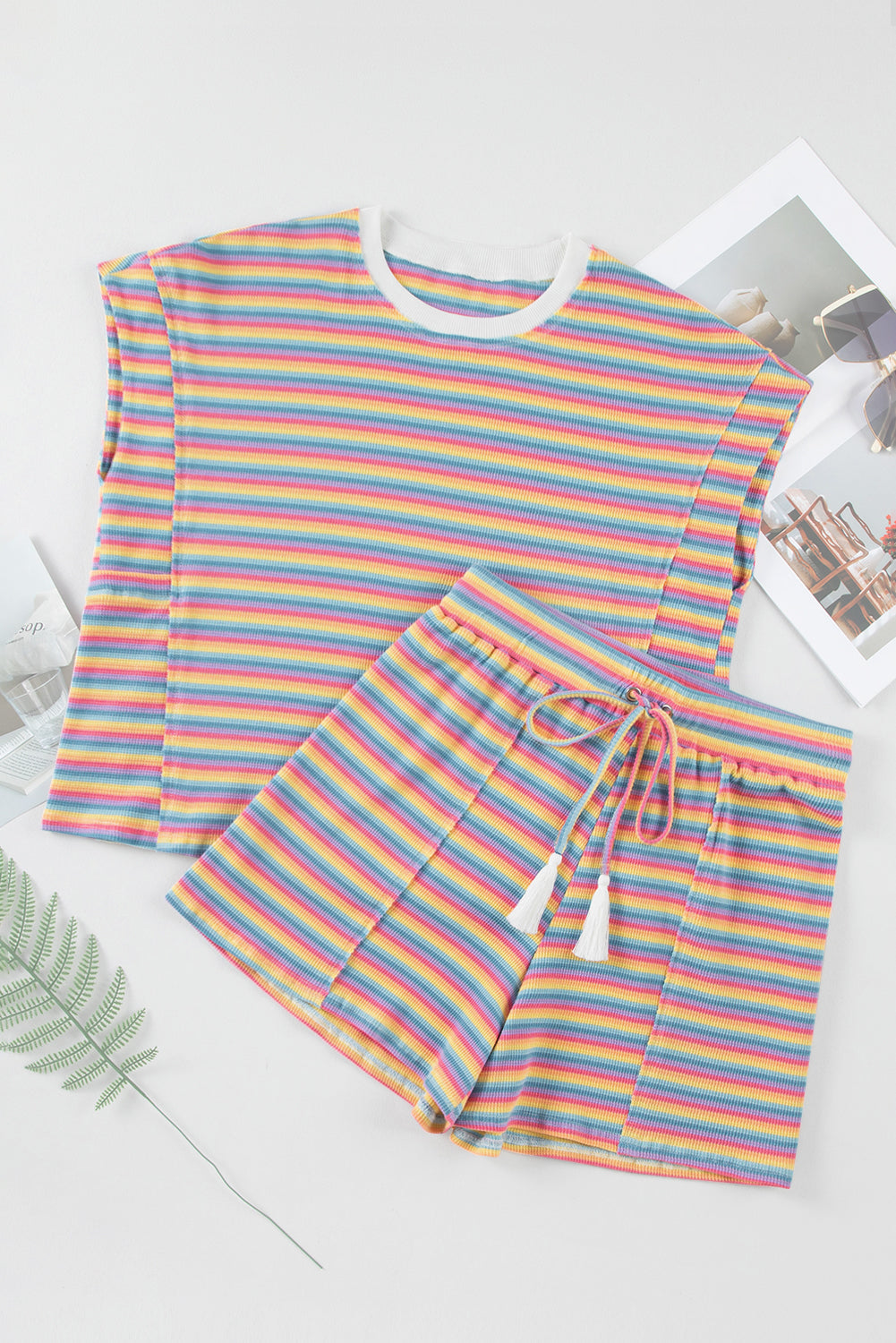 Pink Striped Crew Neck Tee and Tasseled Drawstring Shorts Set