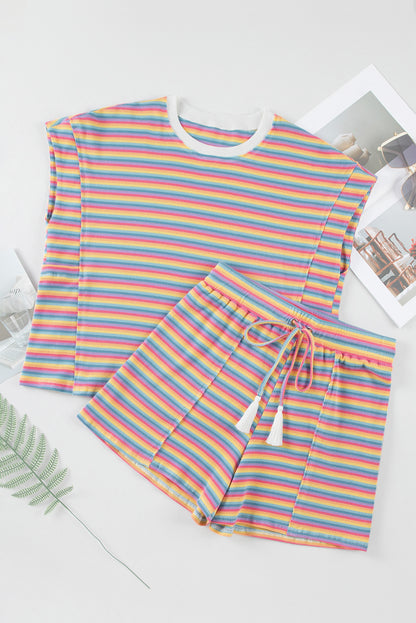Pink Striped Crew Neck Tee and Tasseled Drawstring Shorts Set