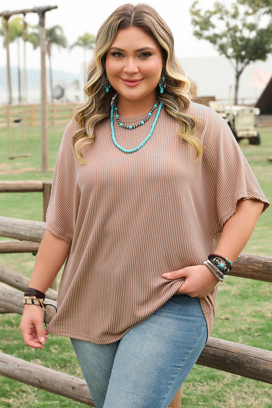 Smoke Gray Ribbed Striped Crew Neck Curvy Size Knitted Blouse