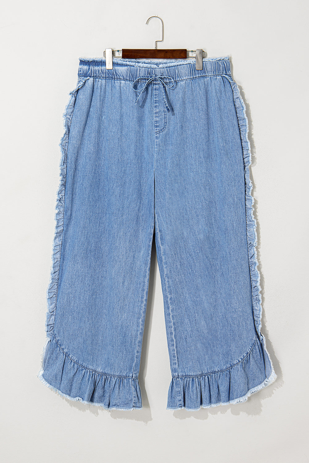 Curvy Size Lace up Waist Ruffled Trim Ankle Length Jeans