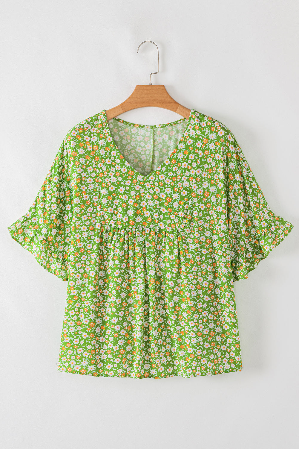 Green Floral Print Ruffled Sleeve V Neck Blouse