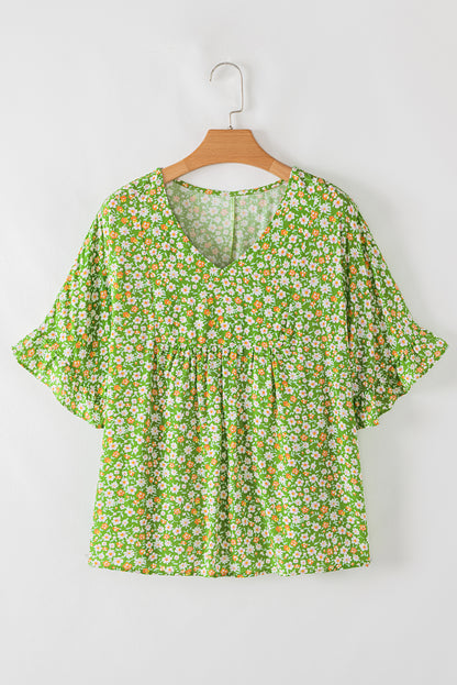 Green Floral Print Ruffled Sleeve V Neck Blouse